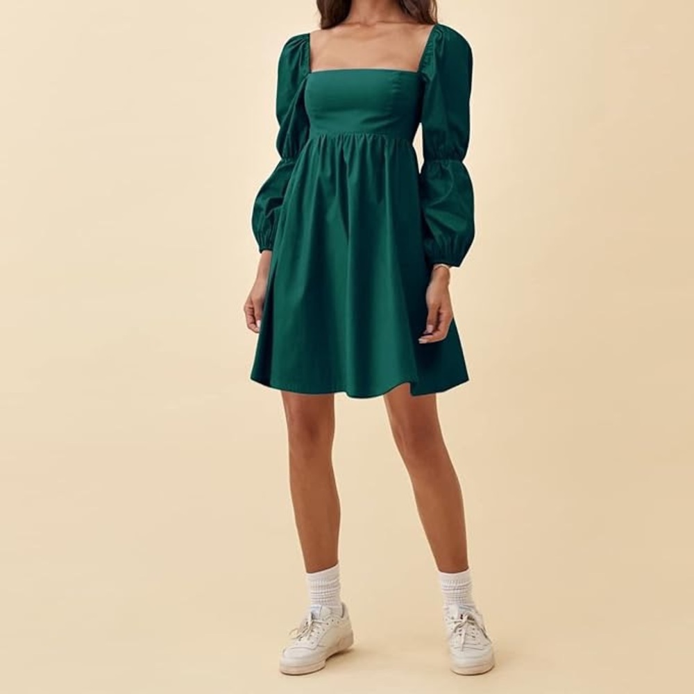 EXLURA Square Neck Dress Long Puff Sleeve A-Line Short Mini Dress, Dark Green